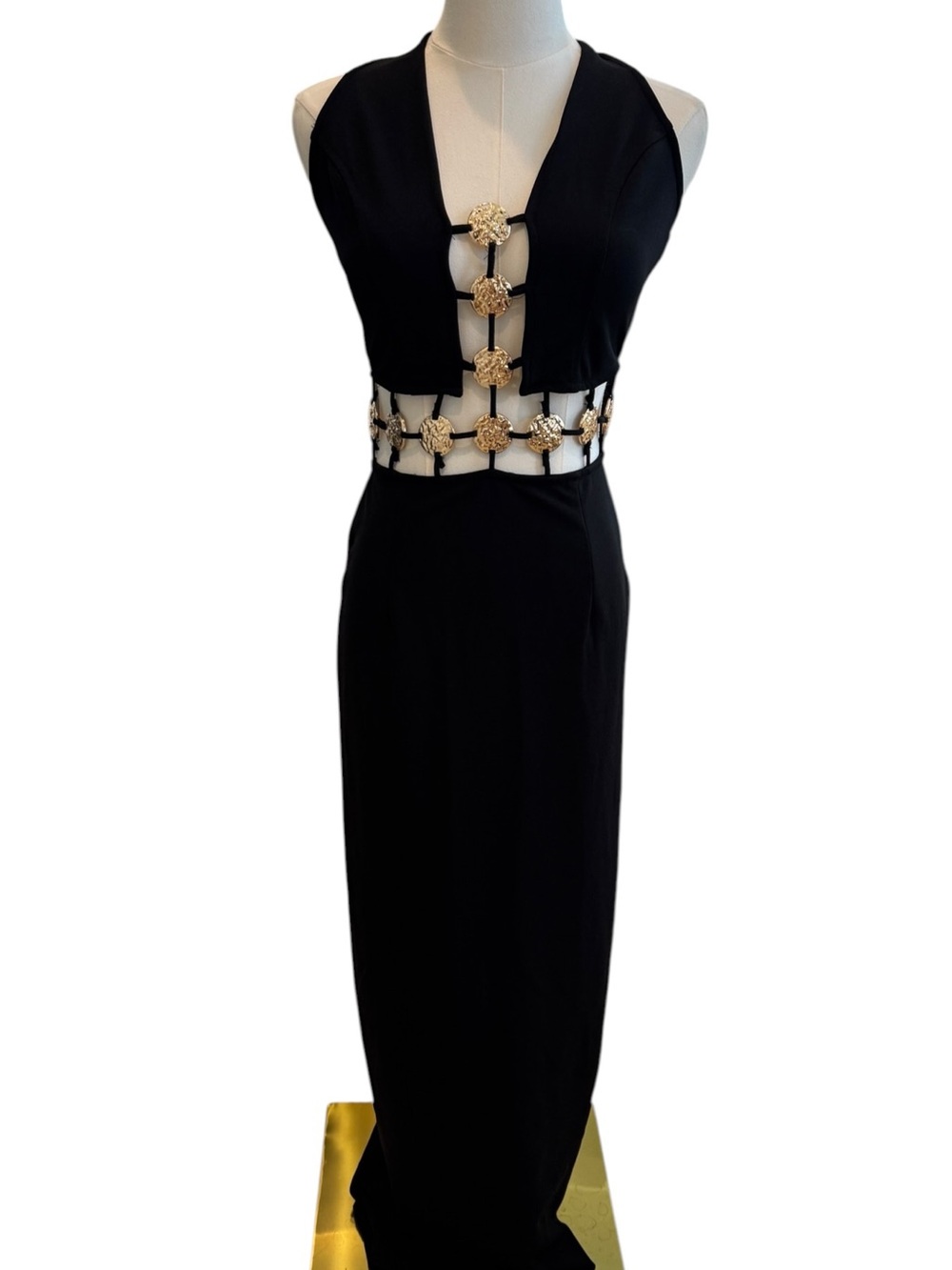 SHEIN Black Maxi Dress with Gold Medallion Cutout Accents